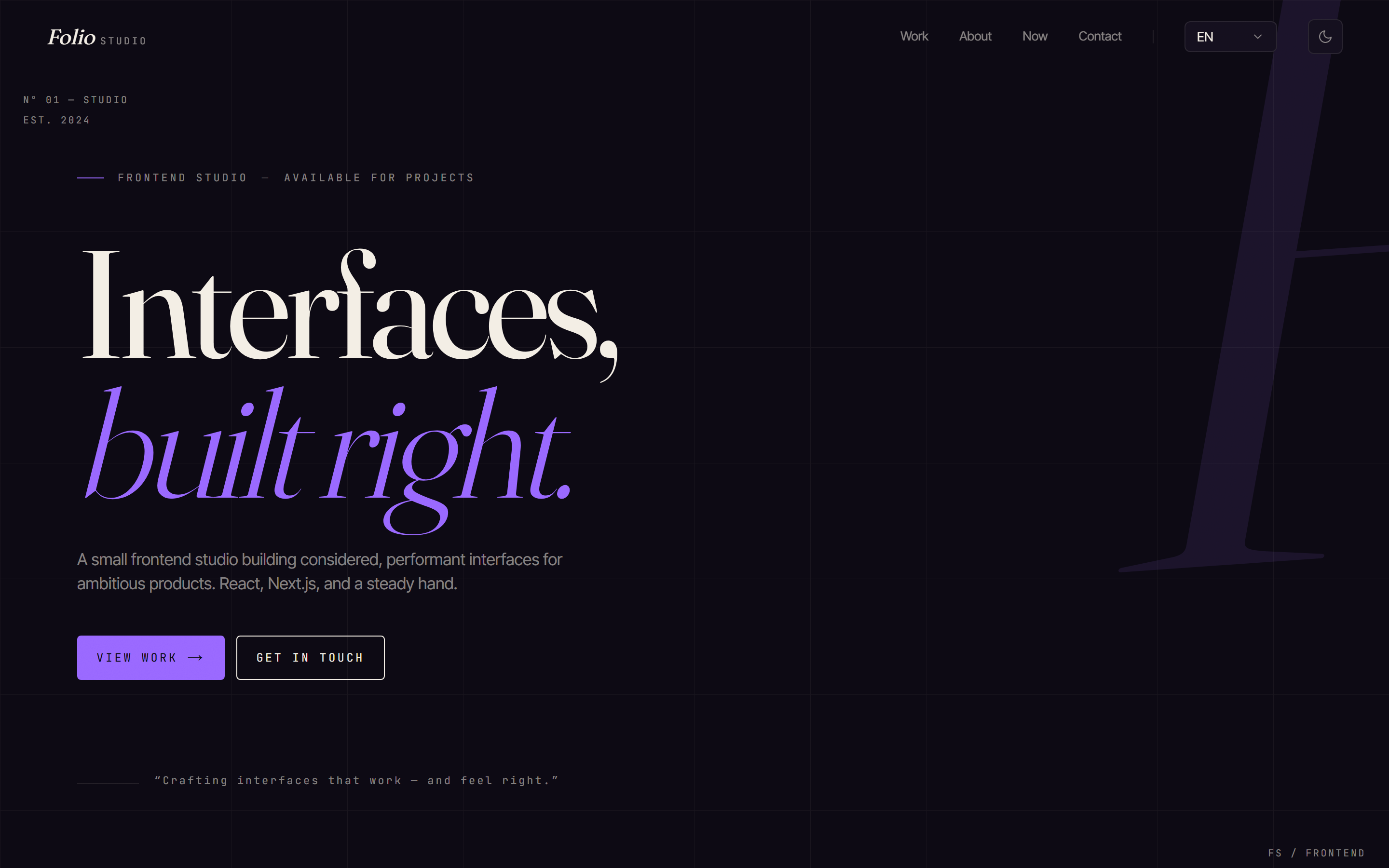 Folio — developer portfolio template, home hero in the Editorial Violet theme